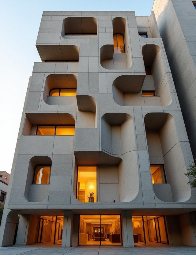 Brutalist concrete architecture of Archos Cosmos Hotel with golden lighting